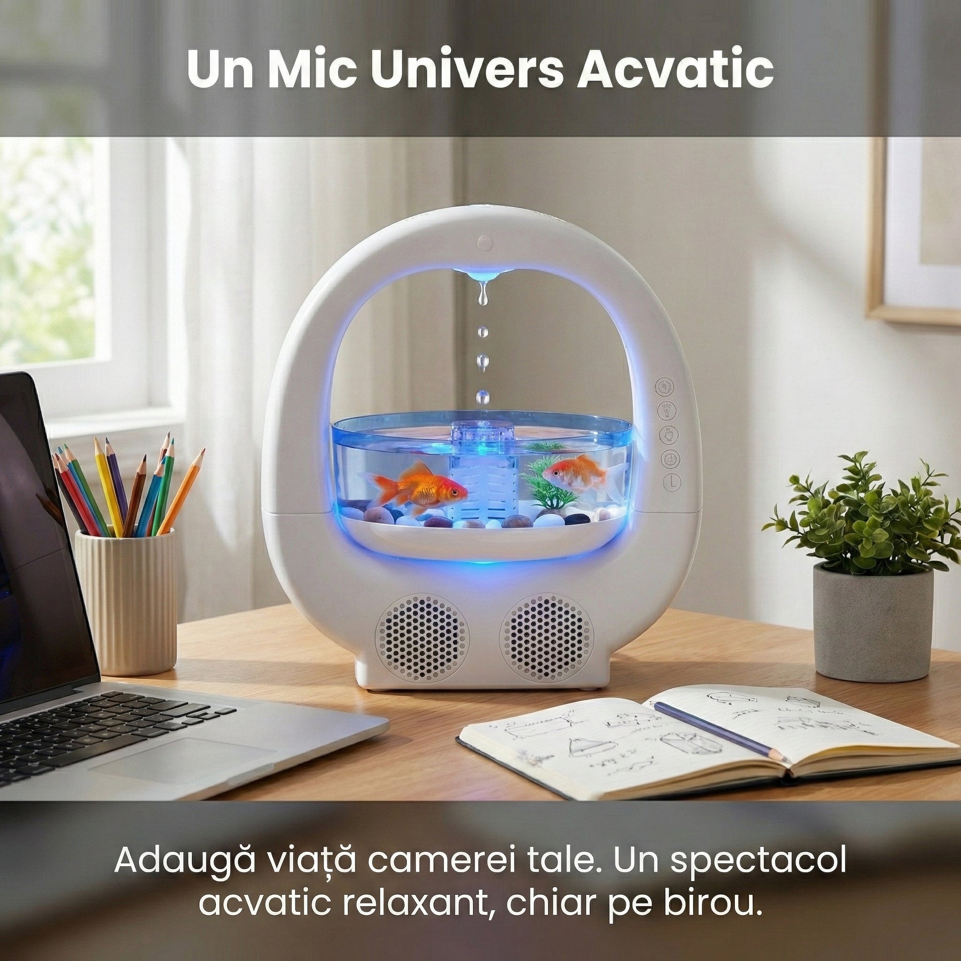 Umidificator Anti-Gravitație Multifuncțional cu Acvariu și Boxă Bluetooth, 700ml, Lumini Ambientale RGB, Alb
