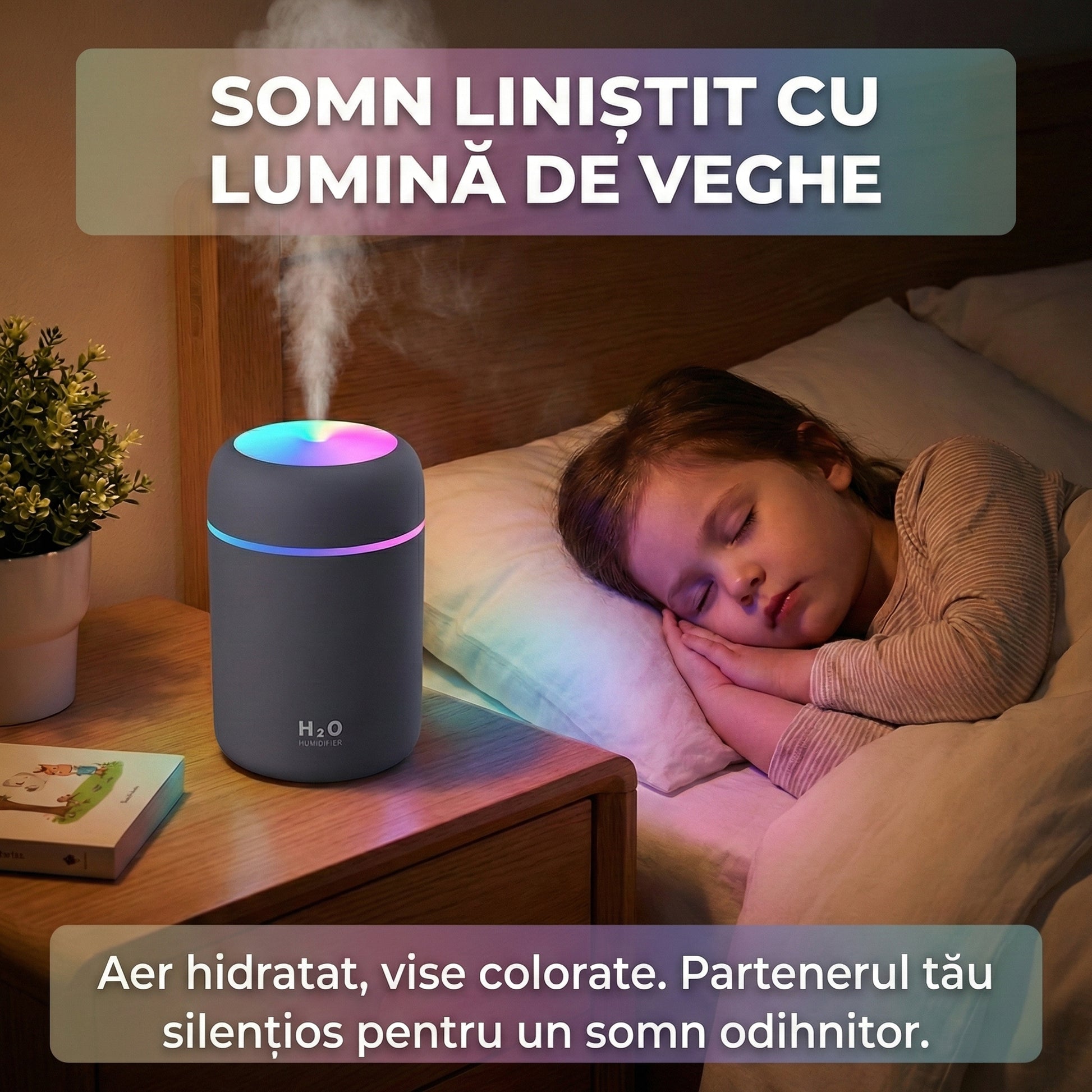 Umidificator de Aer Ultrasonic H2O, Lumini Ambientale RGB, Difuzor Aromaterapie, Silențios, Design Modern, Gri
