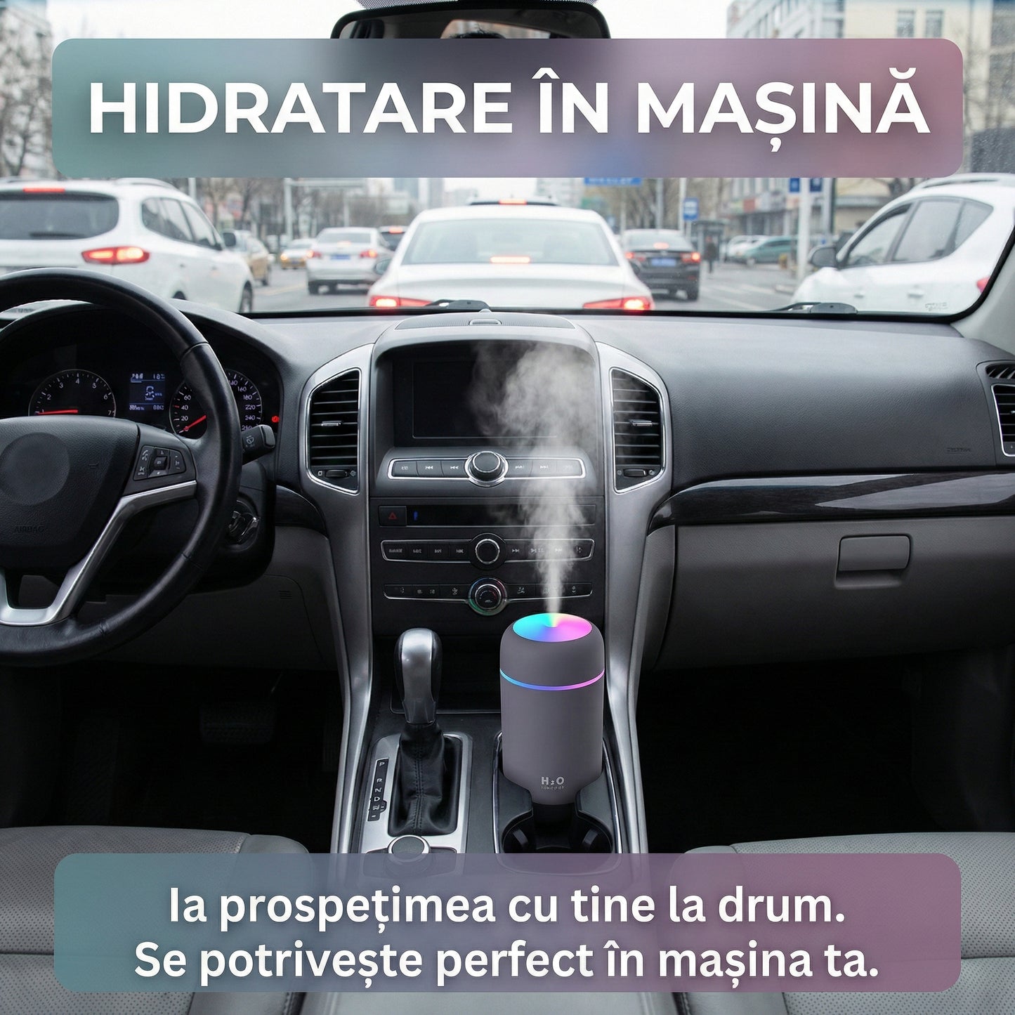 Umidificator de Aer Ultrasonic H2O, Lumini Ambientale RGB, Difuzor Aromaterapie, Silențios, Design Modern, Gri