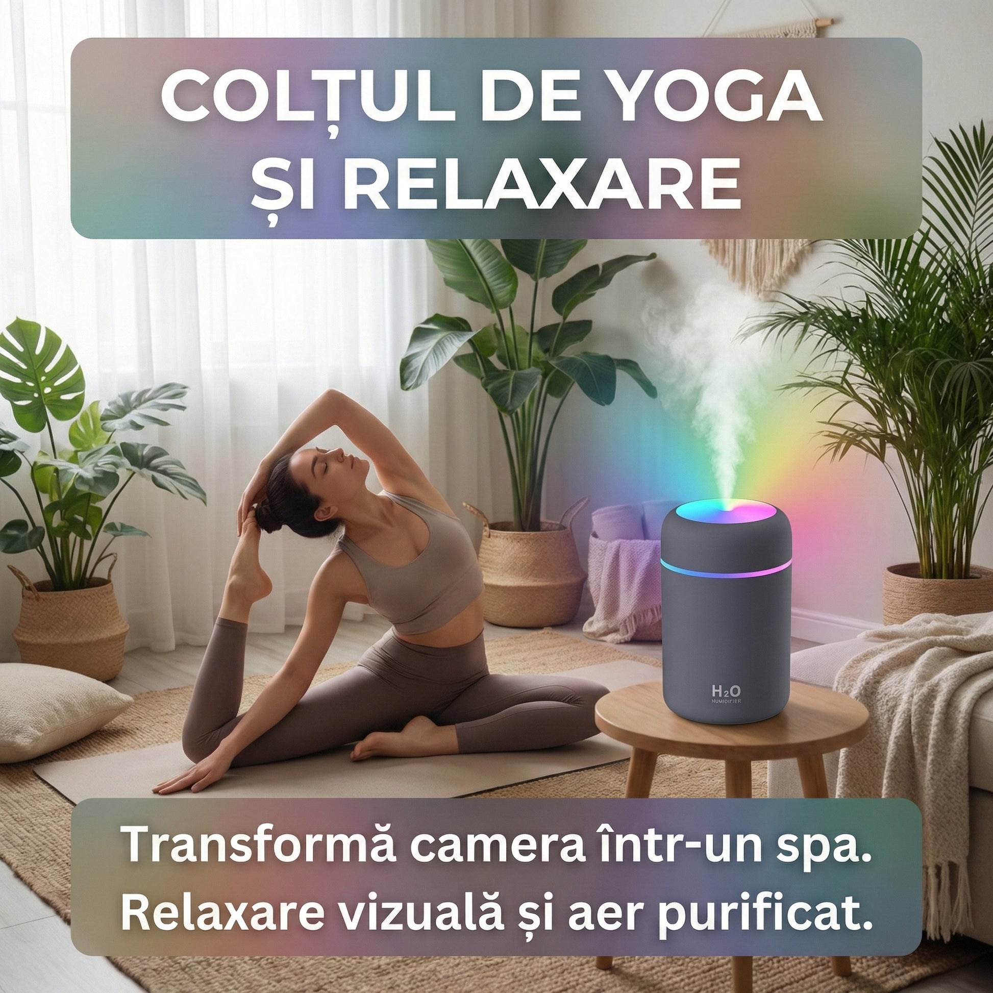 Umidificator de Aer Ultrasonic H2O, Lumini Ambientale RGB, Difuzor Aromaterapie, Silențios, Design Modern, Gri