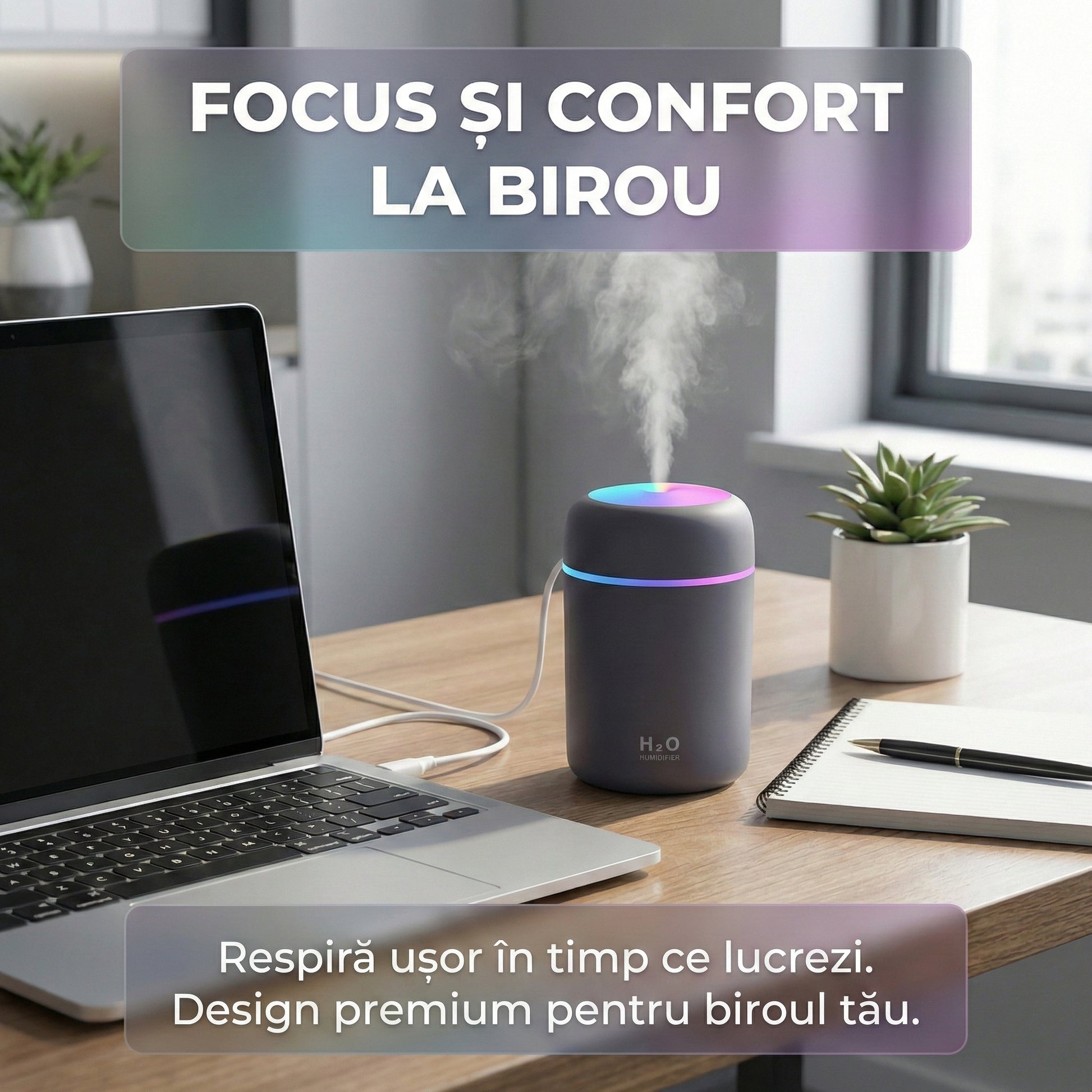 Umidificator de Aer Ultrasonic H2O, Lumini Ambientale RGB, Difuzor Aromaterapie, Silențios, Design Modern, Gri