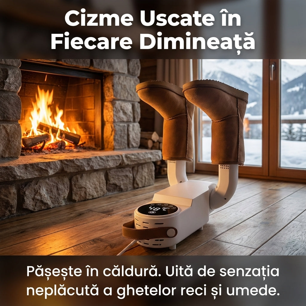Uscător Electric Pliabil pentru Încălțăminte 150W cu Sterilizare UV, Timer Automat, Display Digital, 360° Aer Cald, Alb