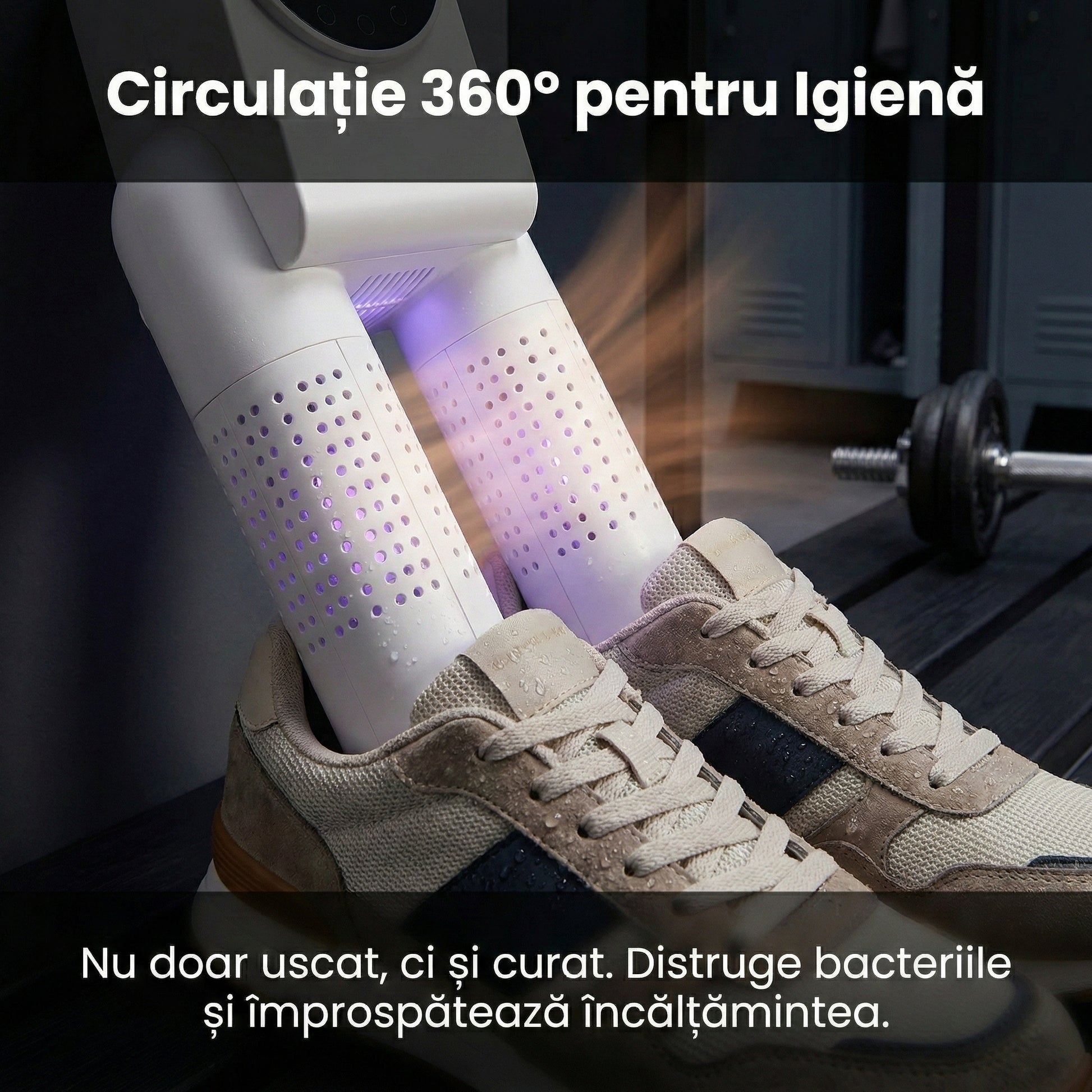 Uscător Electric Pliabil pentru Încălțăminte 150W cu Sterilizare UV, Timer Automat, Display Digital, 360° Aer Cald, Alb