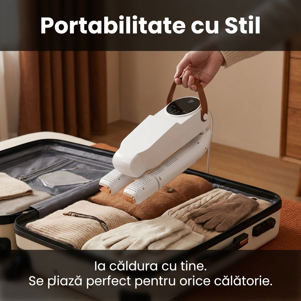 Uscător Electric Pliabil pentru Încălțăminte 150W cu Sterilizare UV, Timer Automat, Display Digital, 360° Aer Cald, Alb