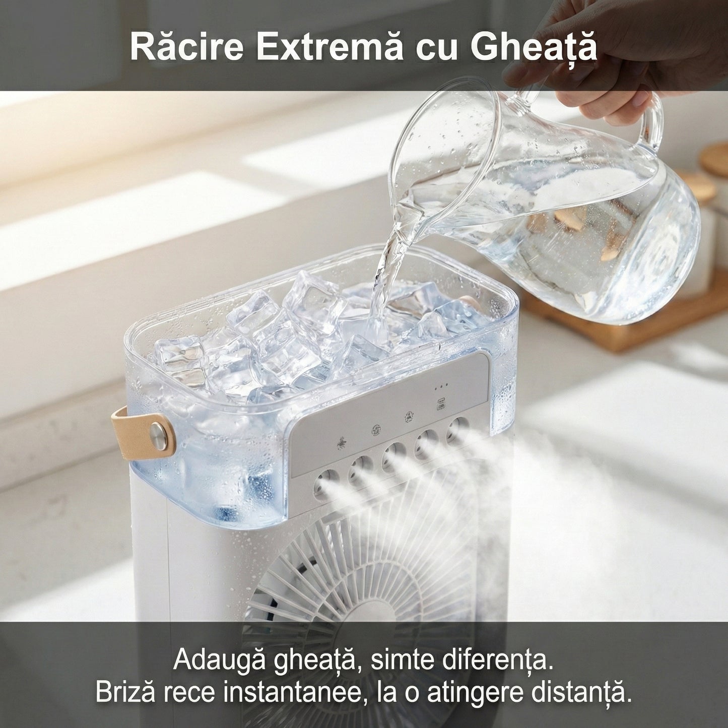 Ventilator Portabil cu Umidificator și Aromaterapie, Rezervor 600ml, Lumini LED 7 Culori, Timer, USB-C, Alb