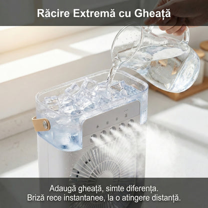 Ventilator Portabil cu Umidificator și Aromaterapie, Rezervor 600ml, Lumini LED 7 Culori, Timer, USB-C, Alb