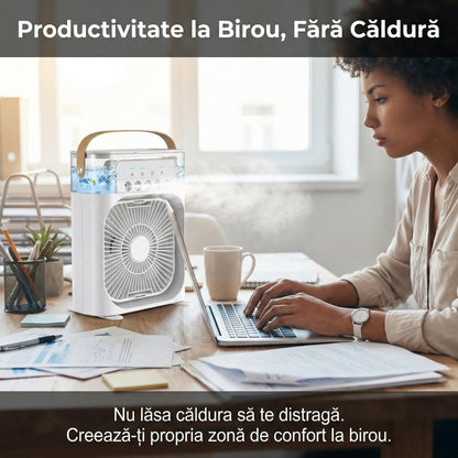 Ventilator Portabil cu Umidificator și Aromaterapie, Rezervor 600ml, Lumini LED 7 Culori, Timer, USB-C, Alb