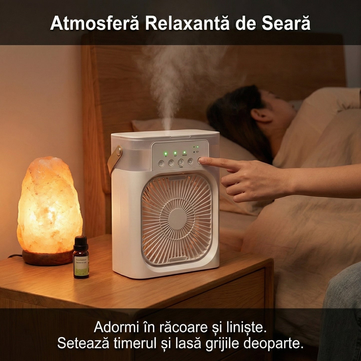 Ventilator Portabil cu Umidificator și Aromaterapie, Rezervor 600ml, Lumini LED 7 Culori, Timer, USB-C, Alb