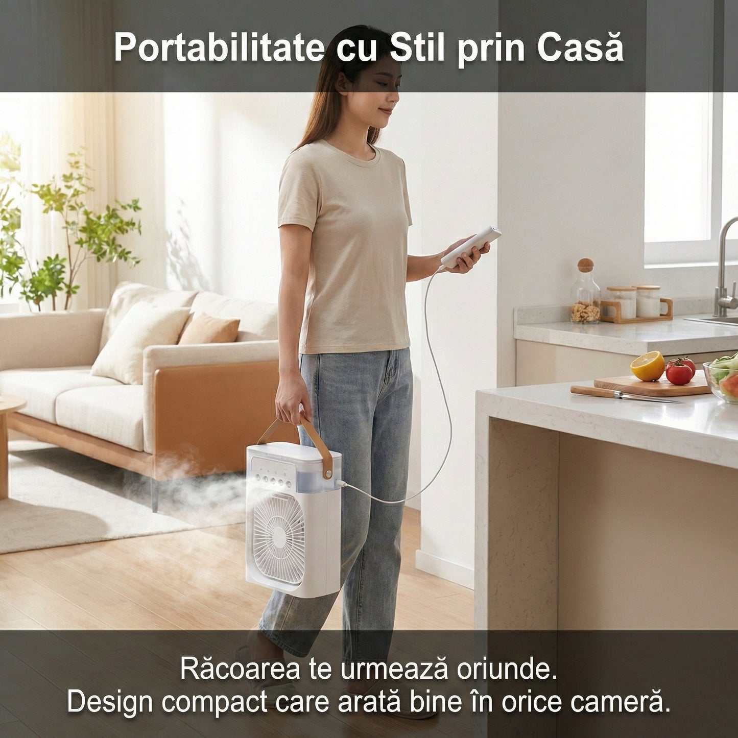 Ventilator Portabil cu Umidificator și Aromaterapie, Rezervor 600ml, Lumini LED 7 Culori, Timer, USB-C, Alb