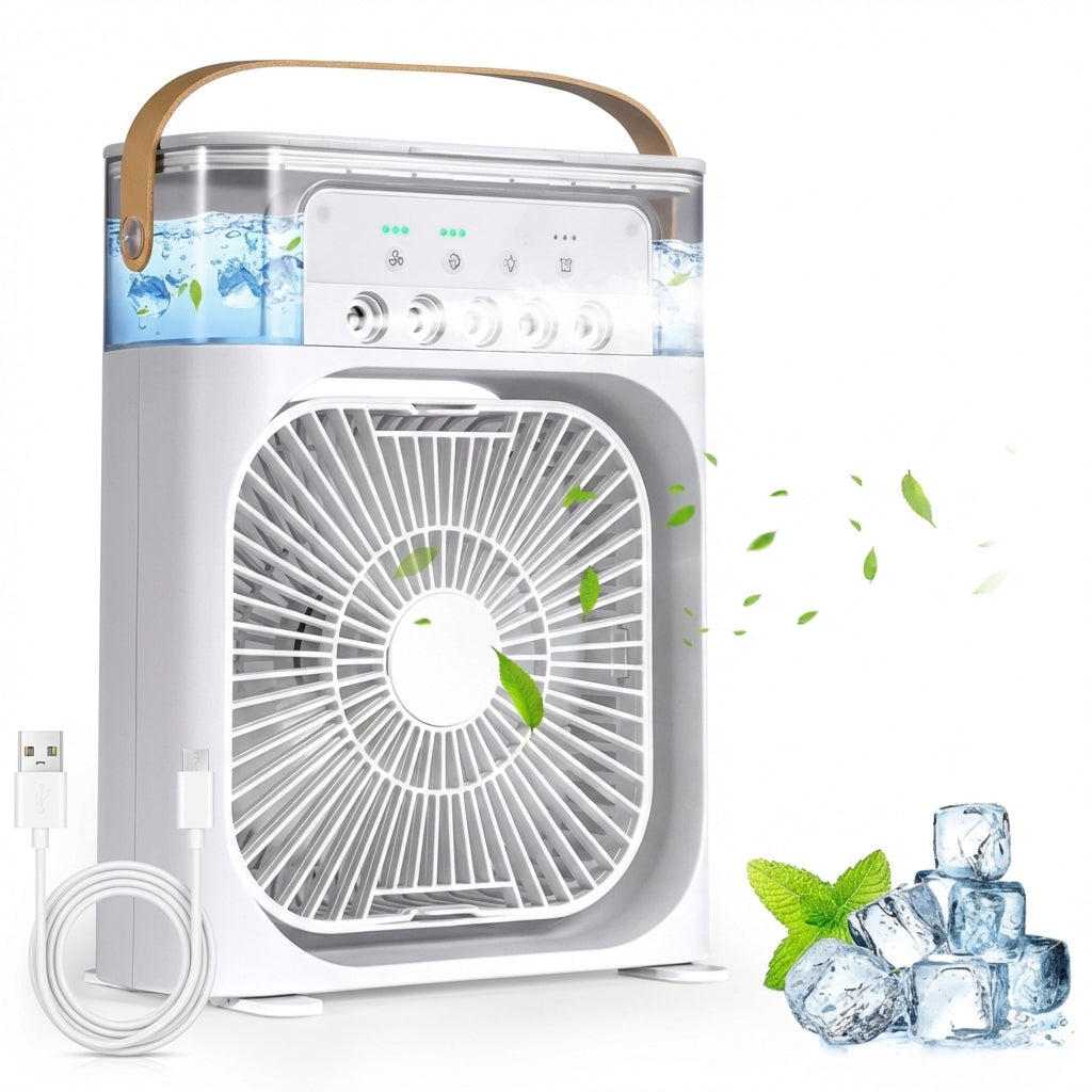 Ventilator Portabil cu Umidificator și Aromaterapie, Rezervor 600ml, Lumini LED 7 Culori, Timer, USB-C, Alb