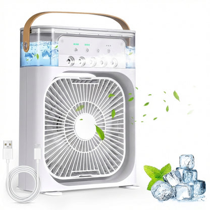 Ventilator Portabil cu Umidificator și Aromaterapie, Rezervor 600ml, Lumini LED 7 Culori, Timer, USB-C, Alb