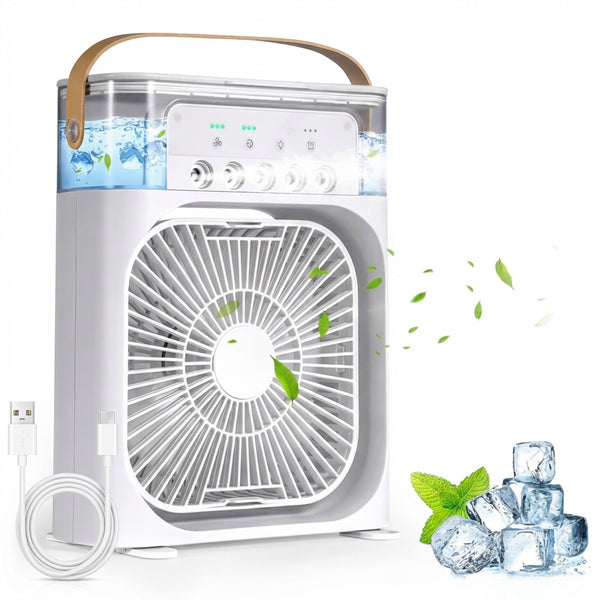 Ventilator Portabil cu Umidificator și Aromaterapie, Rezervor 600ml, Lumini LED 7 Culori, Timer, USB-C, Alb