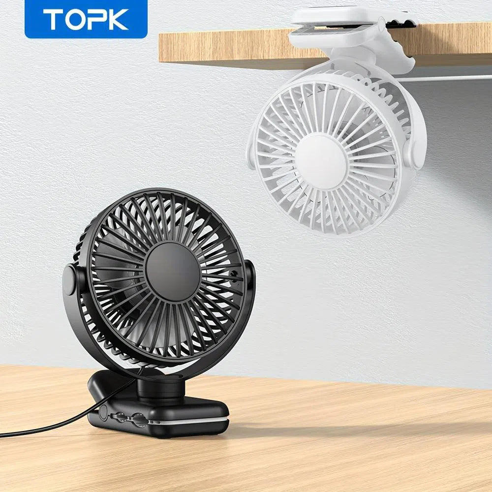 Ventilator de birou cu clema USB TOPK, motor fara perii, flux de aer puternic si silentios, clema puternica pentru atasare sigura, design elegant, constructie de inalta calitate, ventilator personal mini portabil pentru dormitor si birou