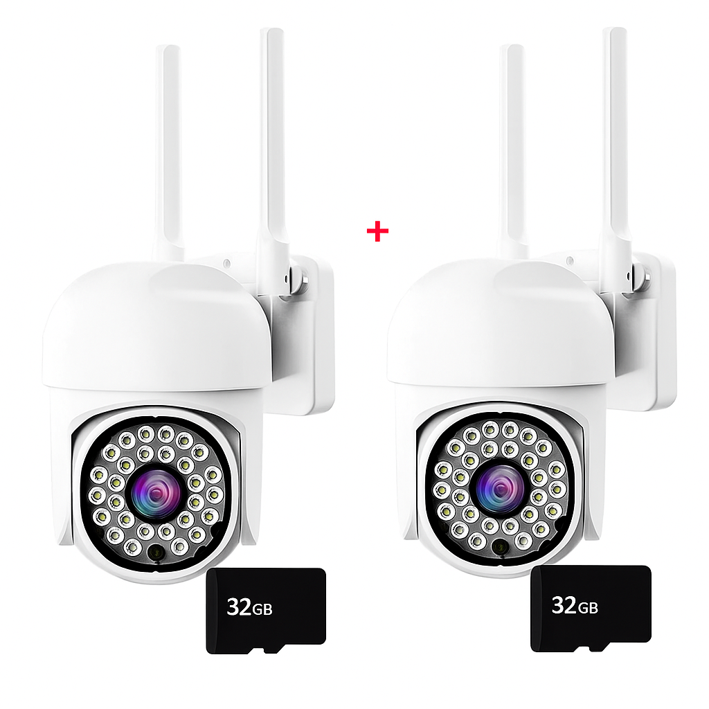 Pachet x2 Camera Wifi de Exterior Quanthex Color + 2 Card 32 GB, Senzor de Miscare, Night Vision, Vizualizare Live pe Telefon