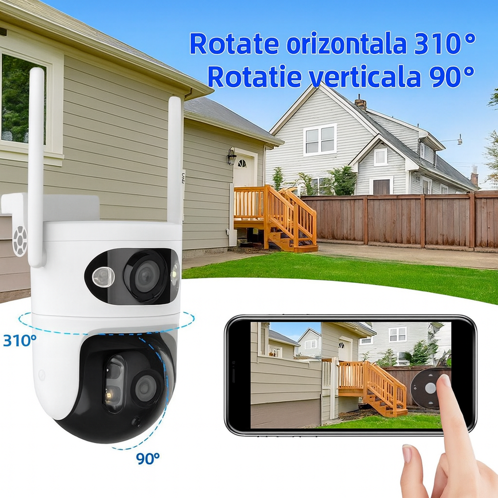 Cameră Wifi Exterior Duală Tuya 6Mp Rezoluție 4K, Audio Bidirectional, Infraroșu Color