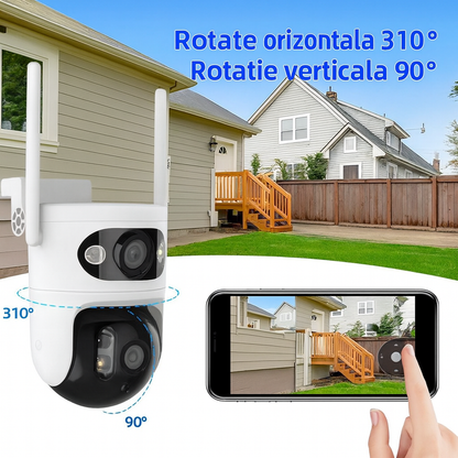 Cameră Wifi Exterior Duală Tuya 6Mp Rezoluție 4K, Audio Bidirectional, Infraroșu Color
