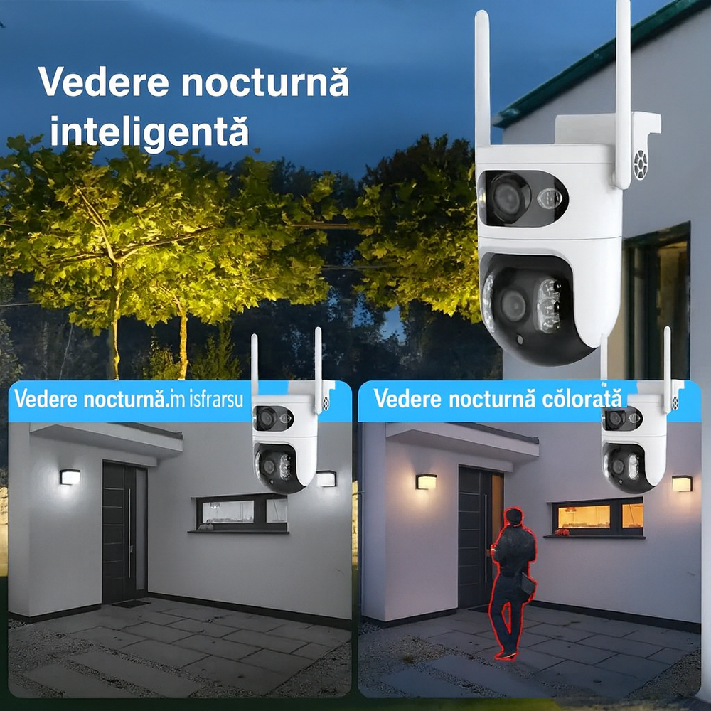 Cameră Wifi Exterior Duală Tuya 6Mp Rezoluție 4K, Audio Bidirectional, Infraroșu Color