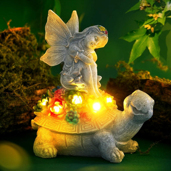 Decorațiune Solară de Grădină: Figurină Zână pe Broască Țestoasă, Rășină, Lumini LED Florale, Design de Basm