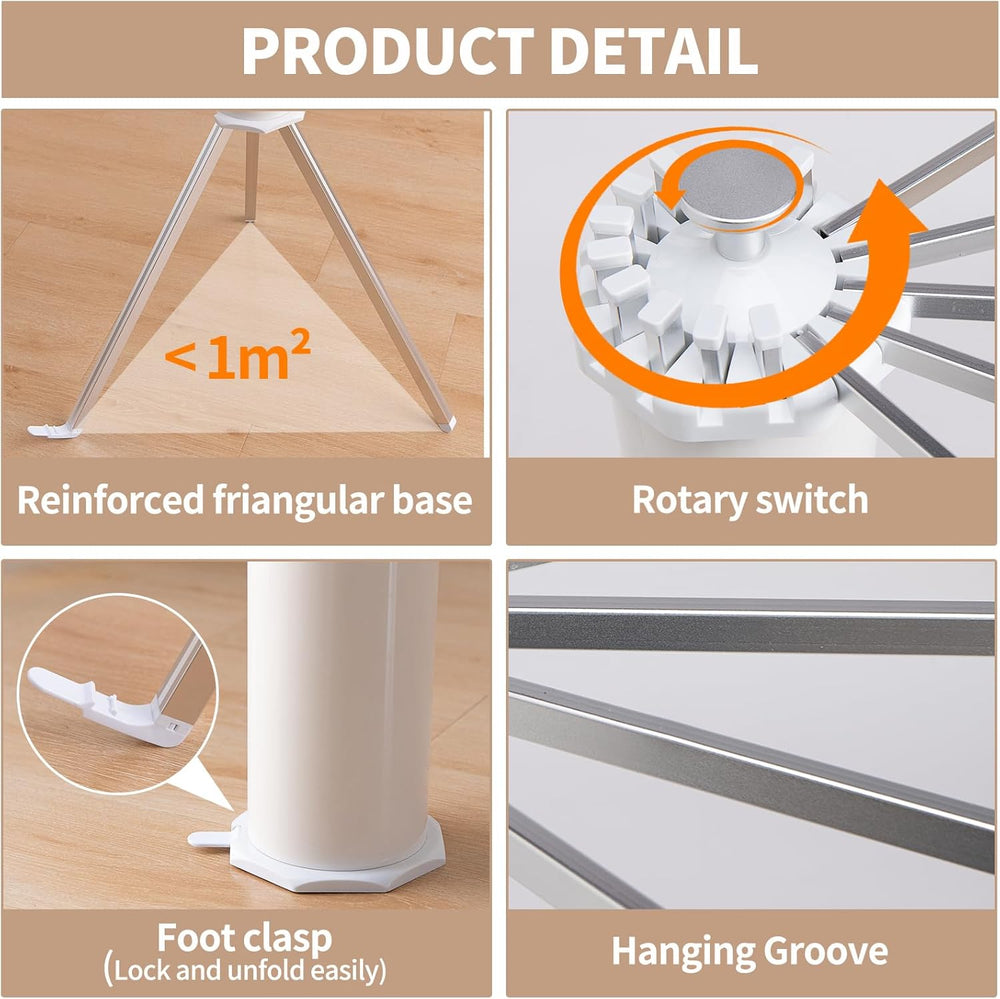 Uscător de Rufe tip Trepied, Pliabil și Compact, cu 16 Brațe Rotative, pentru Interior și Exterior, 125 cm