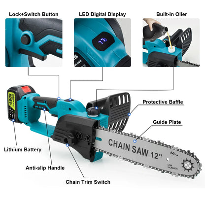 Set Complet Fierăstrău Electric Lama 30 Cm, 2 Acumulatori 48V si Ungere pe Lanț