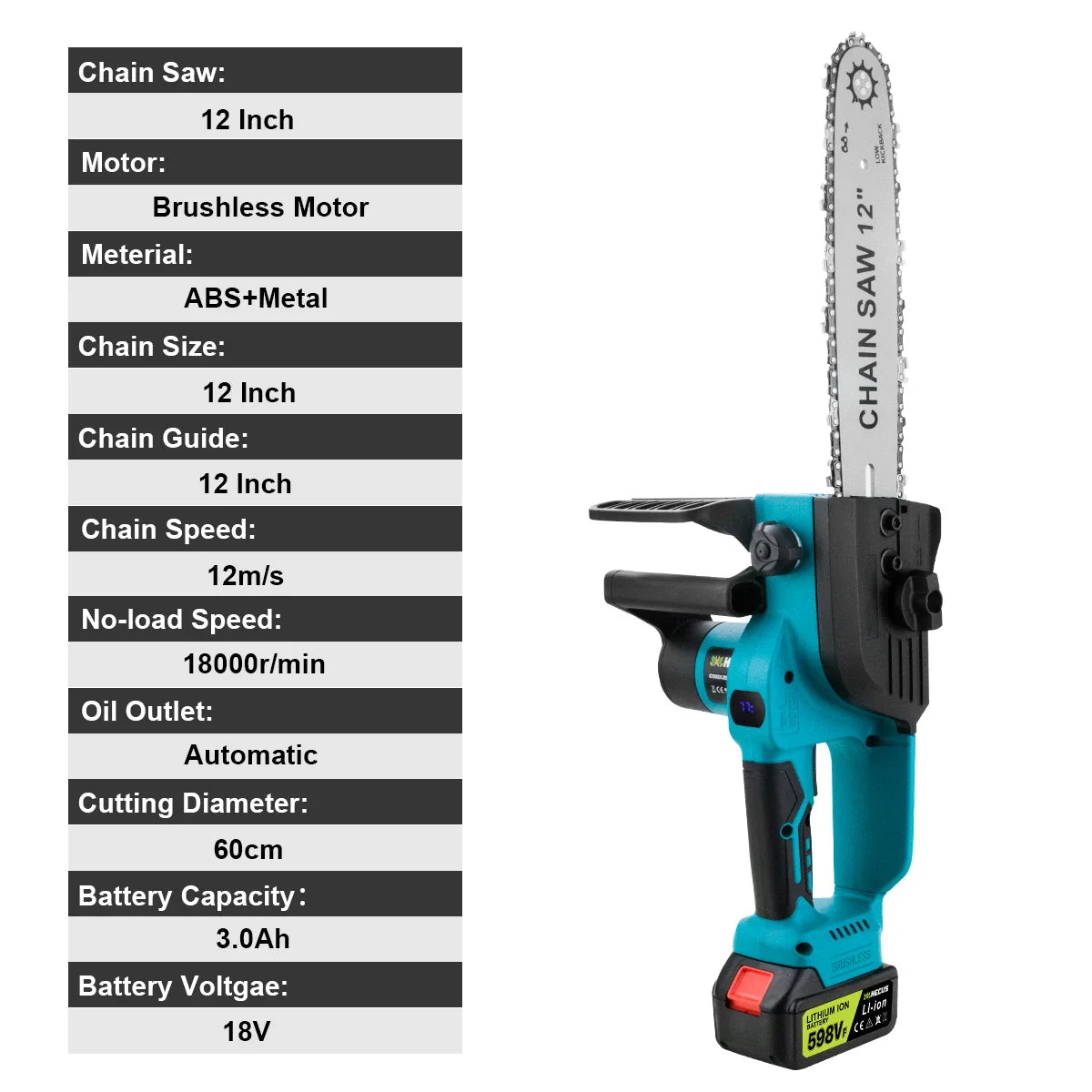 Set Complet Fierăstrău Electric Lama 30 Cm, 2 Acumulatori 48V si Ungere pe Lanț