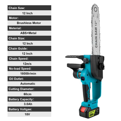 Set Complet Fierăstrău Electric Lama 30 Cm, 2 Acumulatori 48V si Ungere pe Lanț