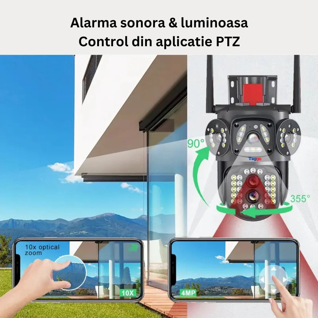 Camera de supraveghere Tripla WIFI/4G Zoom 10X, Rezolutie 4K, Detectie umana, Urmarire automata, IP66