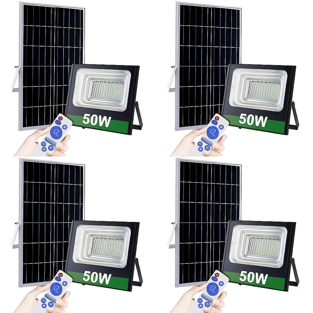 Set 4 Proiectoare Solare Jortan 50w + Panou Solar + Kit Montaj