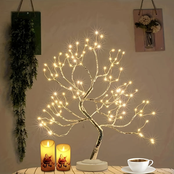 Copac Bonsai Led de Masă 50,8 cm cu 108 LED-uri – Lampă Decorativă Artificială cu Sârmă de Cupru, Alimentare USB/Baterie, Alb Cald