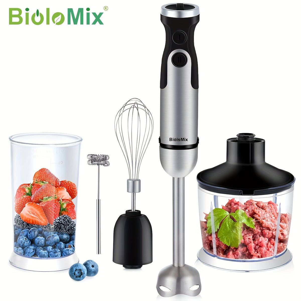 1Mixeur de mn BioloMix 1200W 5 n 1 blender de mn toctor de legume i carne blender de imersiune cu tel pentru ou construcie durabil din oel inoxidabil bol de tocat 800ml cup de smoothie 600ml pentru smoothieuri piureuri i multe altele