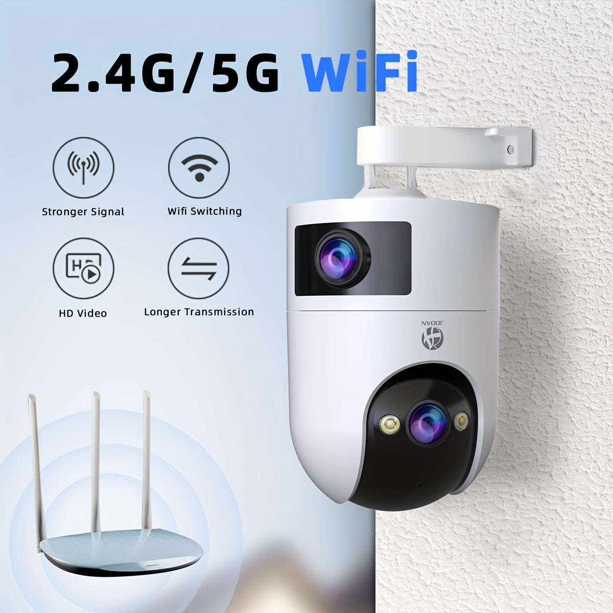 Camera JOOAN 4K n aer liber cu dou lentile PTZ WiFi compatibil 5G montat pe perete video 1296p audio bidirecional rezoluie HD control aplicaie alerte audio i micare afiaj color alimentare USB fr baterie pentru monitorizare securitat