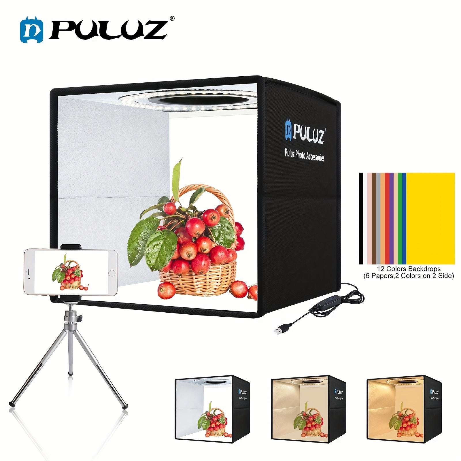 1PULUZ 25 cm pliabil portabil 3 moduri dubl culoare temperatur inel lumin iluminare foto studio pentru fotografiere cutie cort cu 6 x fundal color cu dou pri dimensiune 25 x 25 x 25 cm98 x 98 x 98 inci negru