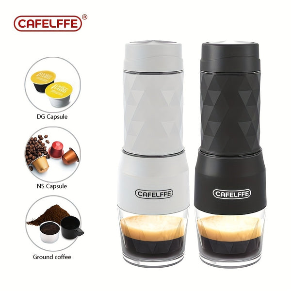 Espressor portabil 3 în 1 - compatibil cu capsule Nespresso, Dolce Gusto și cafea măcinată, ideal pentru acasă și călătorii