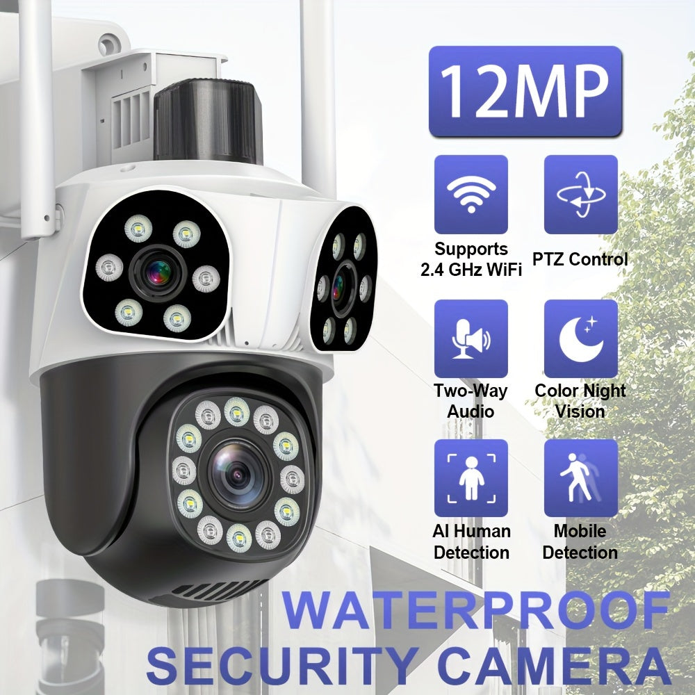 1Camera de securitate exterioar EDOOMI WIFI 12MP Ultra HD cu trei lentile i tehnologie PTZ vedere pe timp de noapte urmrire mobil wireless control prin aplicaie alarm audio stocare pe card de memorie priz european