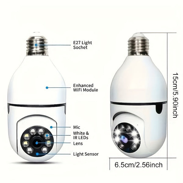 Cameră de Securitate tip Bec E27 – Cameră WiFi Panoramică 360° cu Detectare Mișcare și Audio Bidirecțional