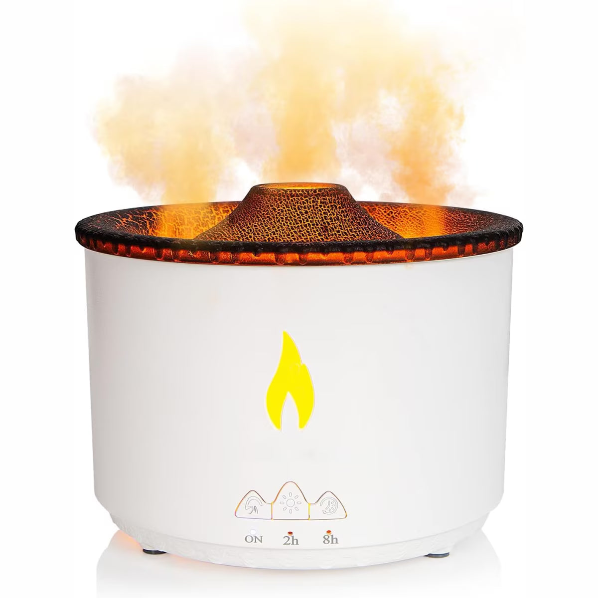 Difuzor Aromaterapie Vulcan 360ml cu Efect de Flacără, Umidificator Ultrasonic, 2 Moduri Ceață, Lumină Ambientală Roșu/Albastru, Telecomandă, Alb