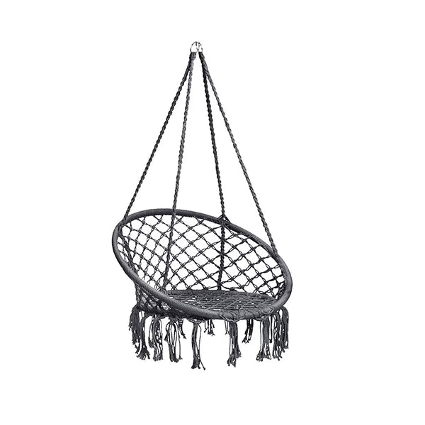 Fotoliu Suspendat Tip Leagăn Brazilian, Stil Boho cu Franjuri, 80cm, Sarcină Maximă 150kg, Cadru Oțel, Gri/Bej